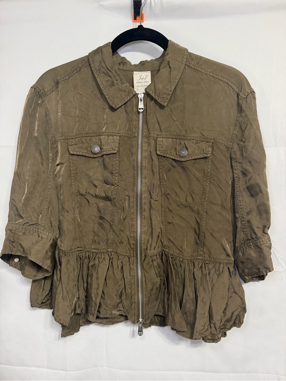 Cinq a Sept Women's Medium Olive Green Cupro Zip Front Short Jacket 3/4 Sleeve